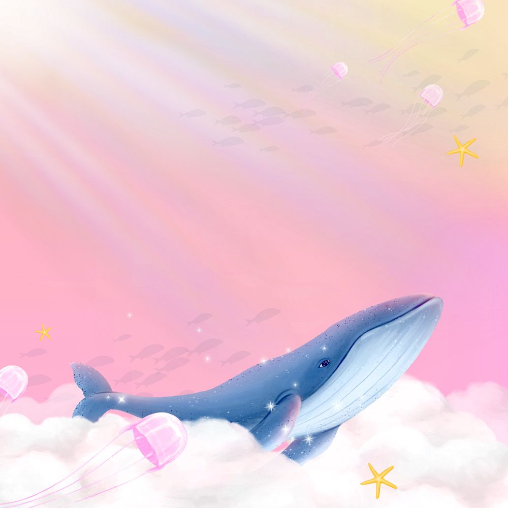 Fantasy cloud whale background, customizable aesthetic illustration remix