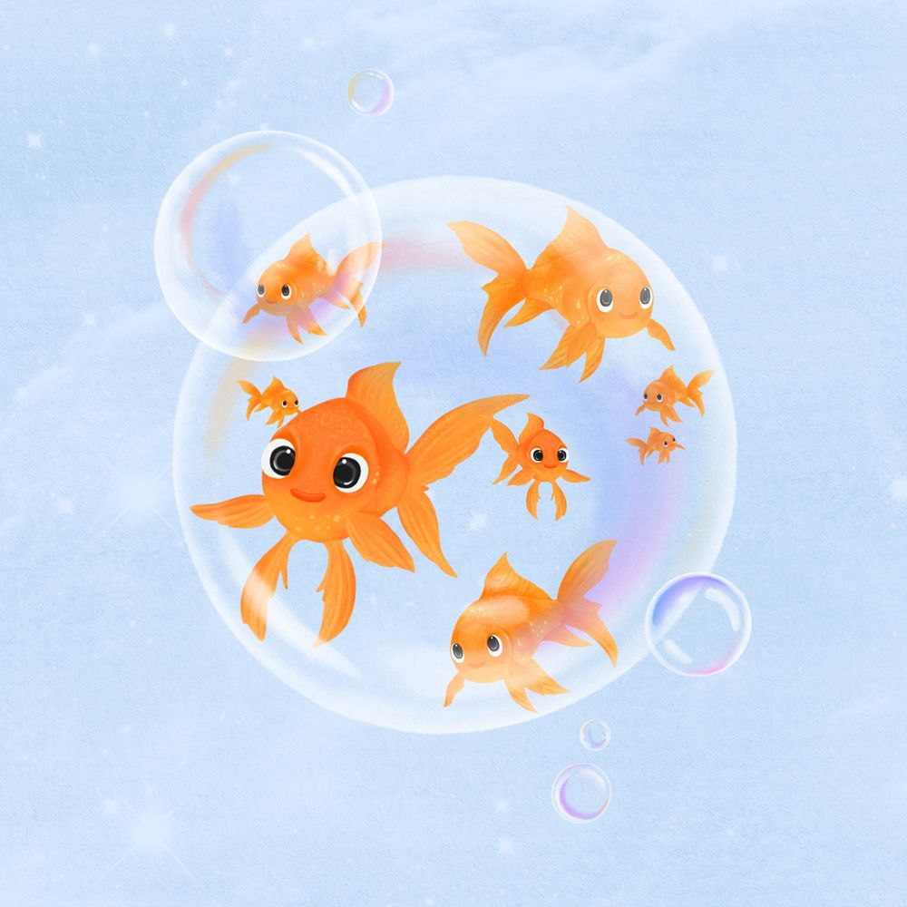 Goldfish bubble, blue, aesthetic illustration, editable design