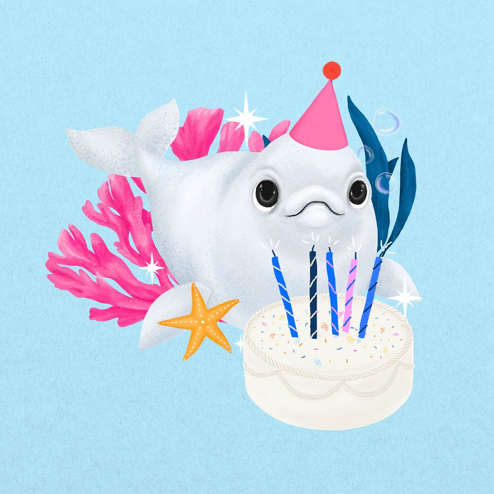 Cute birthday whale, aesthetic illustration, editable design