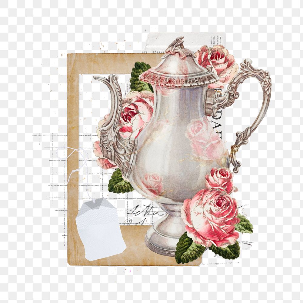 Editable vintage teapot flower png element, element design