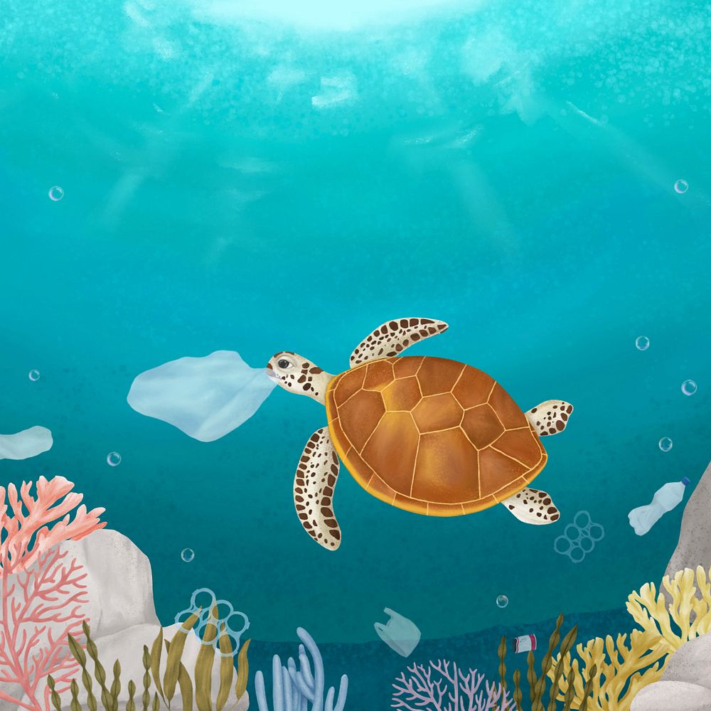 Sea turtle, pollution background, customizable aesthetic illustration remix