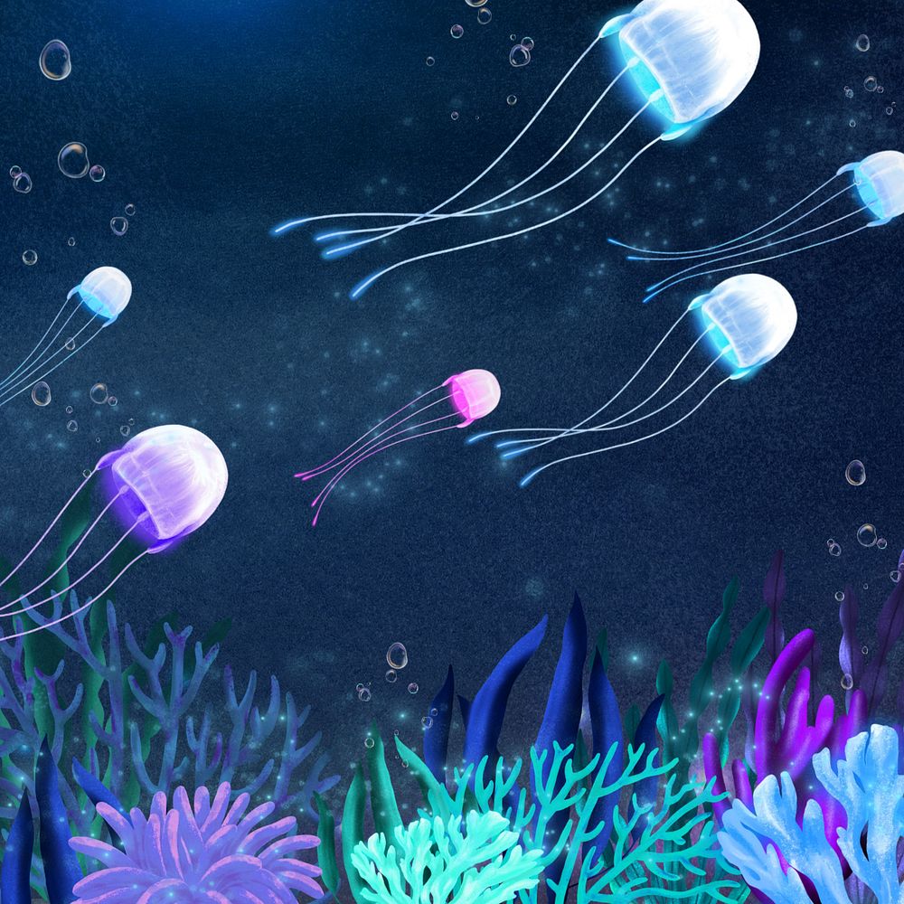 Neon jellyfish, dark background, customizable aesthetic illustration remix