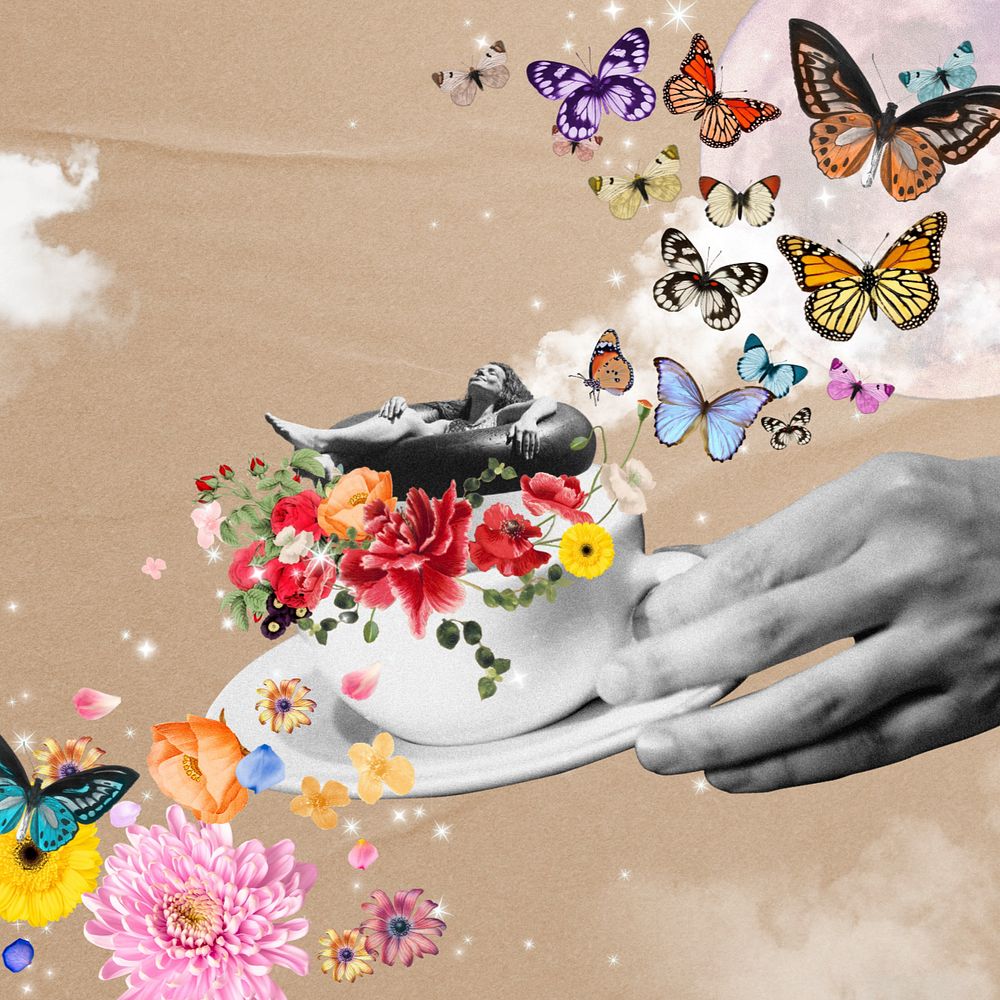 Surreal escapism collage art, coffee cup mixed media illustration, editable design