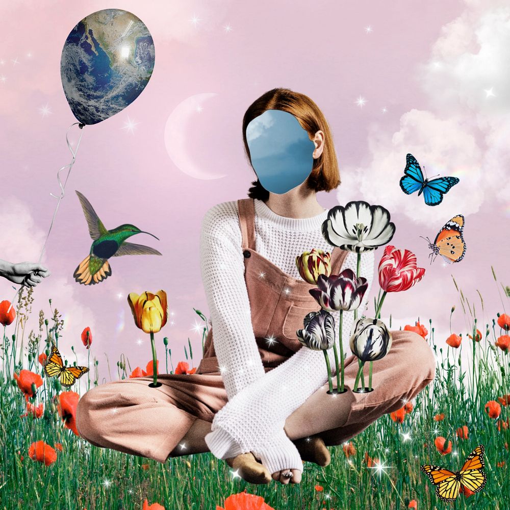 Aesthetic surreal wildflowers, faceless woman remix, editable design