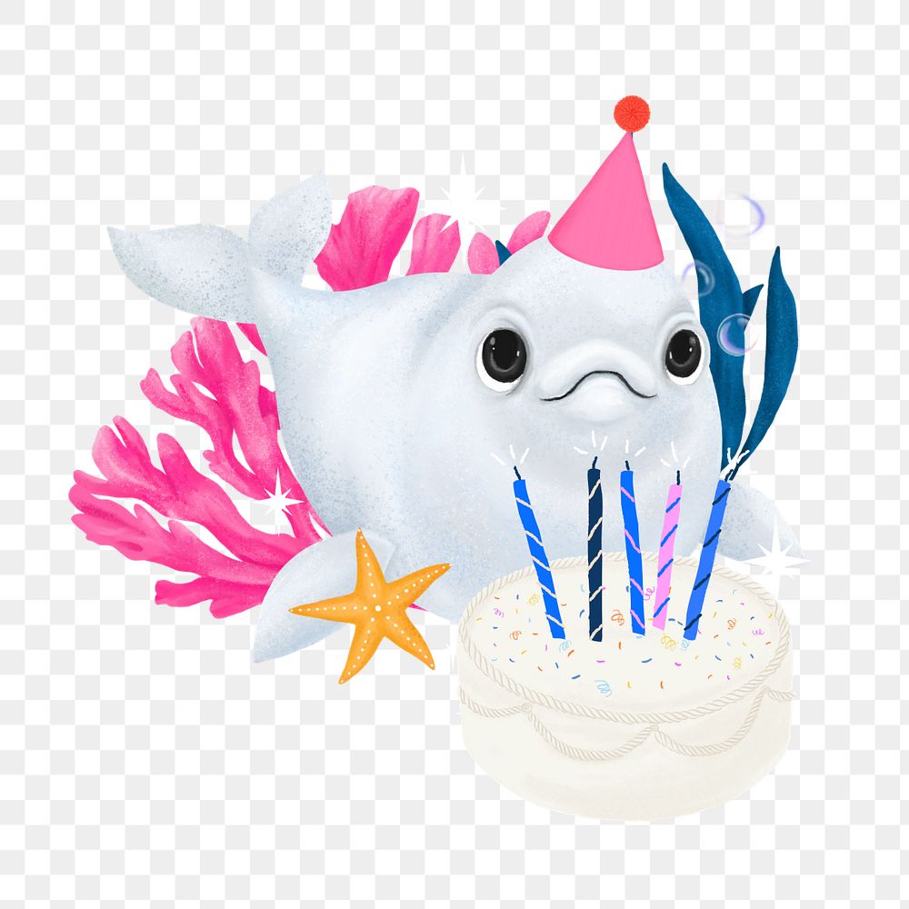 Cute birthday whale sticker png illustration, editable element group