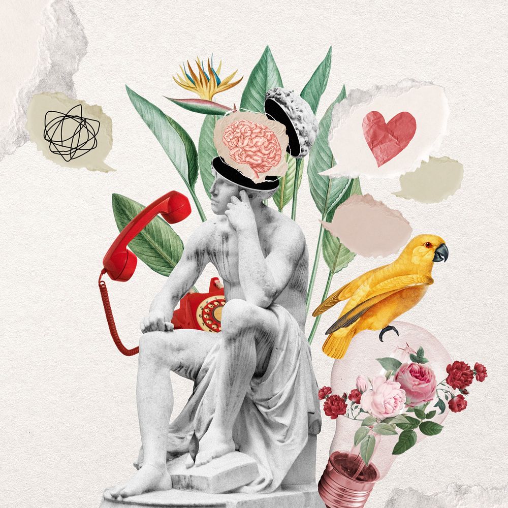 Greek God statue, surreal floral remix, editable design