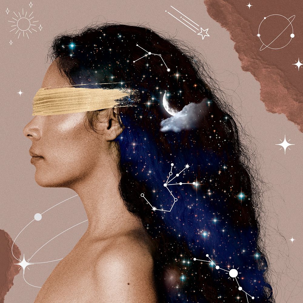 Side portrait woman, celestial collage art, editable design