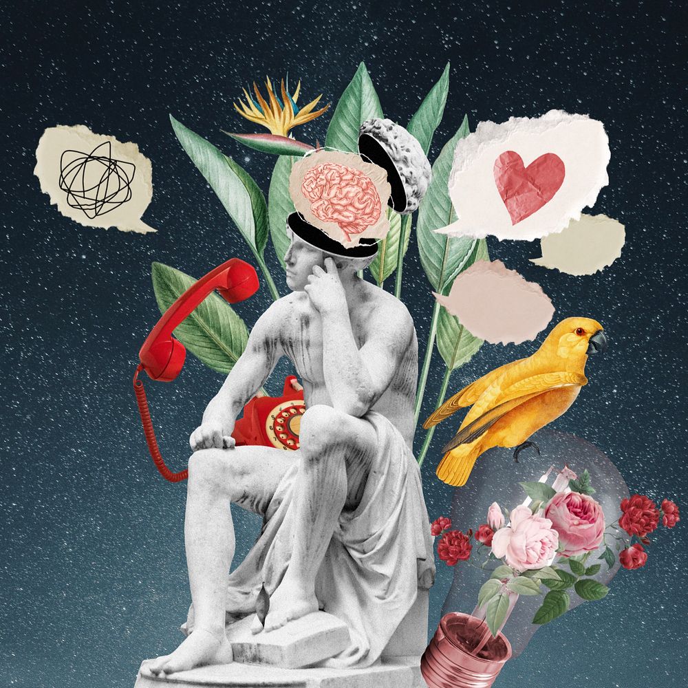 Greek God statue, surreal floral remix, editable design