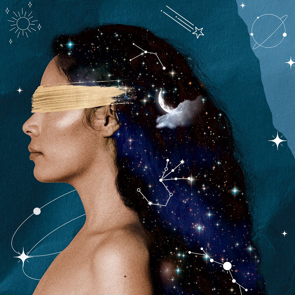 Side portrait woman, celestial collage art, editable design