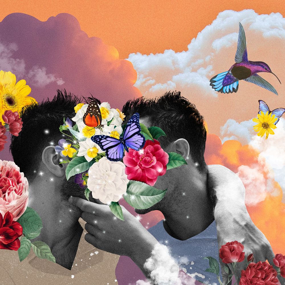 Gay couple kissing, surreal LGBTQ remix, editable design