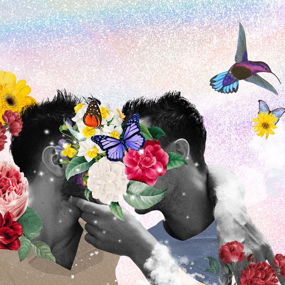 Gay couple kissing, surreal LGBTQ remix, editable design