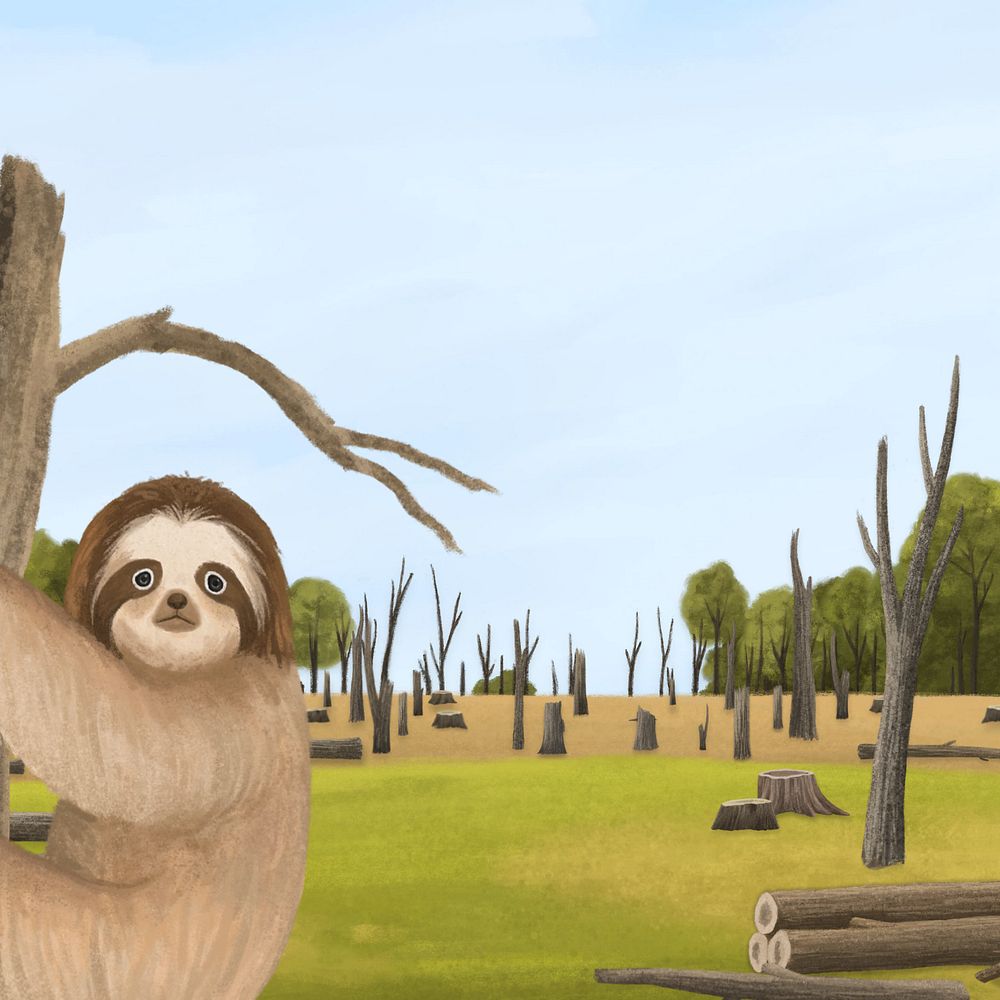 Deforestation sloth habitat background, customizable aesthetic illustration remix