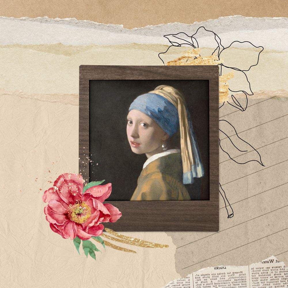 Girl with a Pearl Earring by Johannes Vermeer, floral instant film frame. Remixed by rawpixel. 