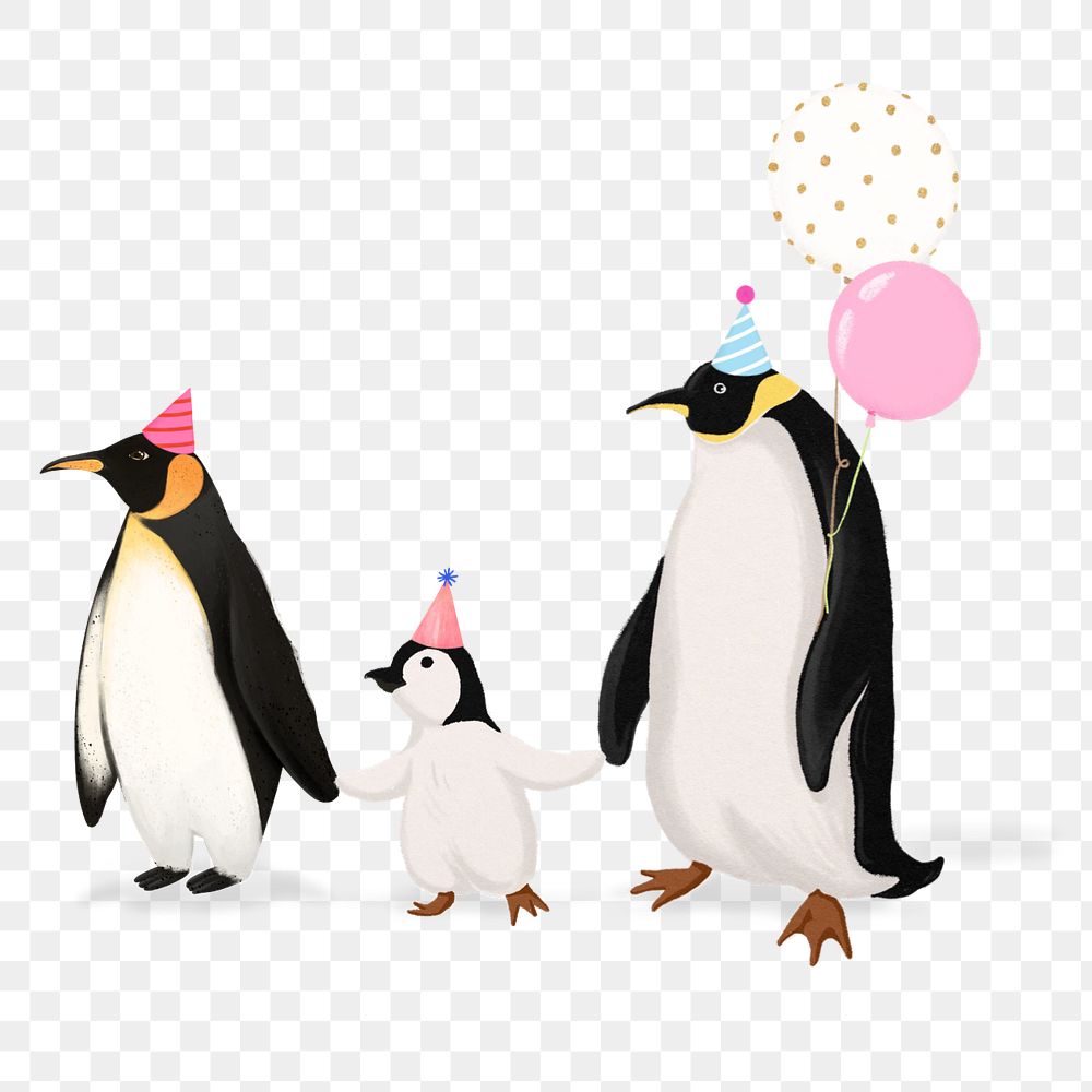 Birthday penguin family sticker png illustration, editable element group