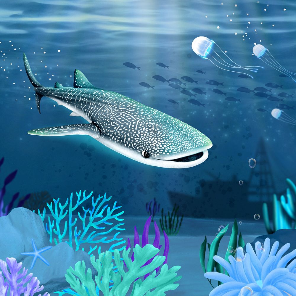 Whale shark, blue, aesthetic illustration, editable design