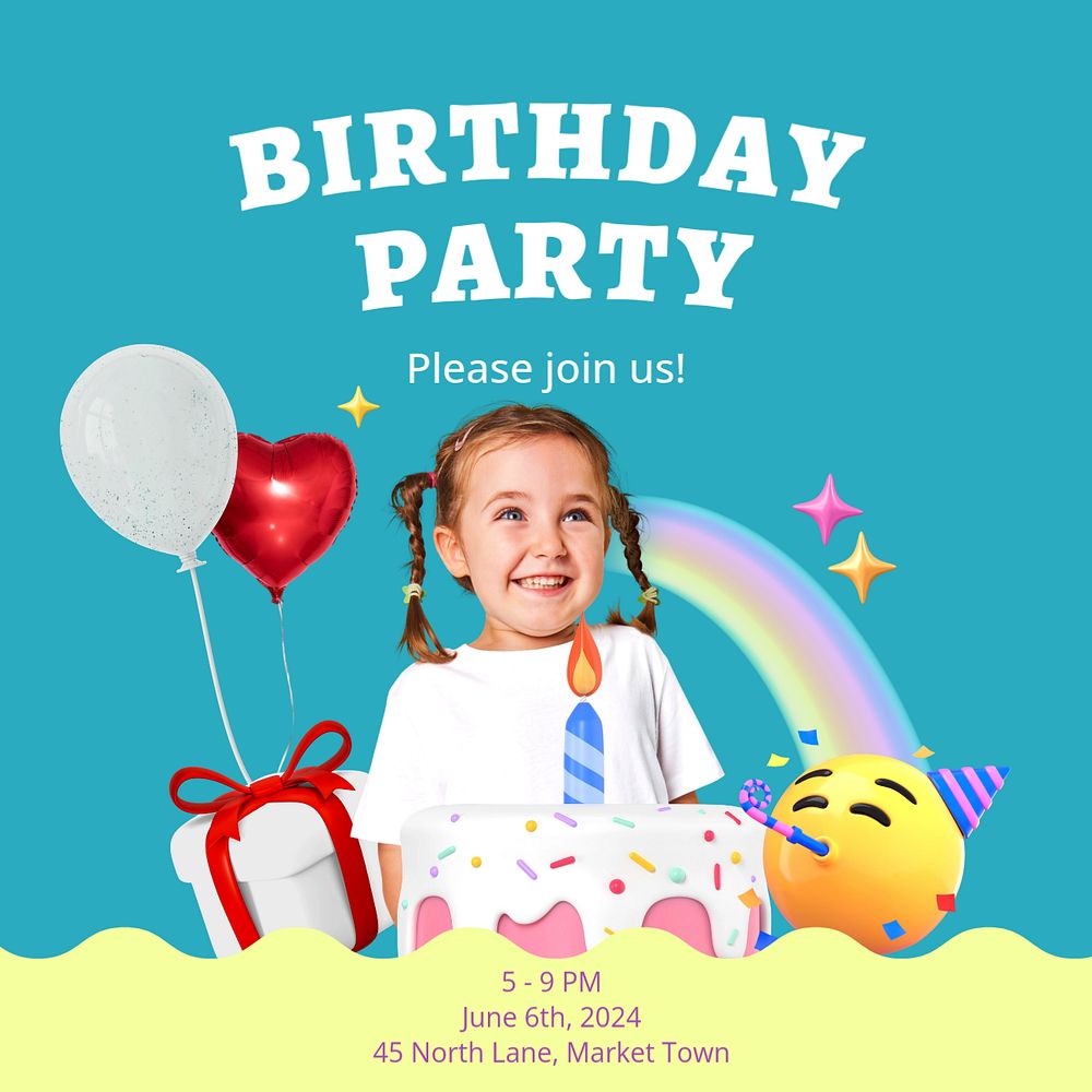 Birthday party Instagram post template, editable text