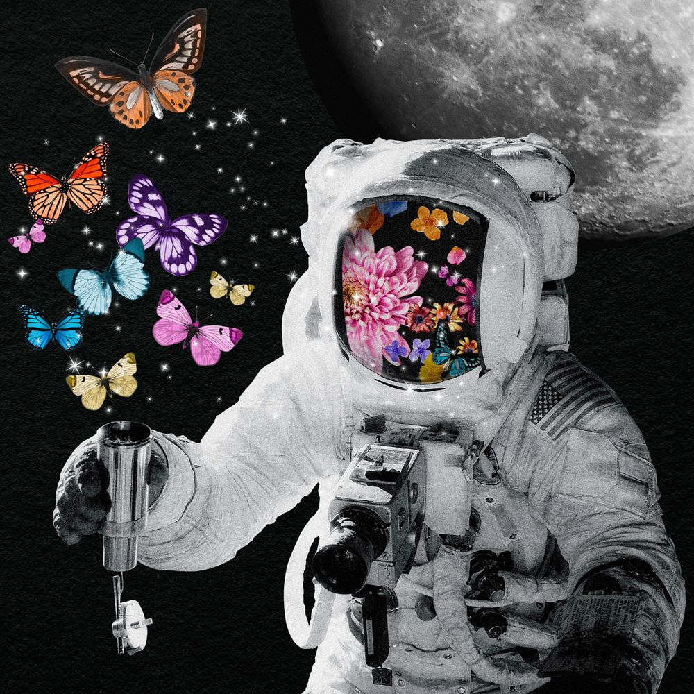 Galaxy sky, astronaut butterfly surreal collage art, editable design