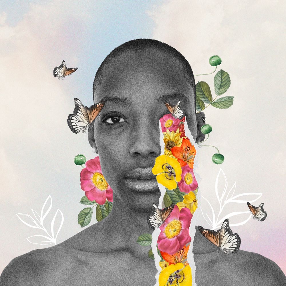 Woman's mental health, surreal floral remix, editable design