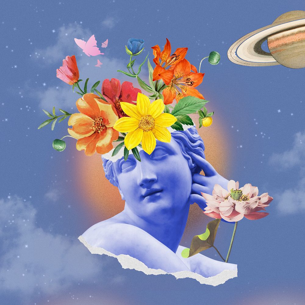 Floral statue head, outer space surreal remix, editable design