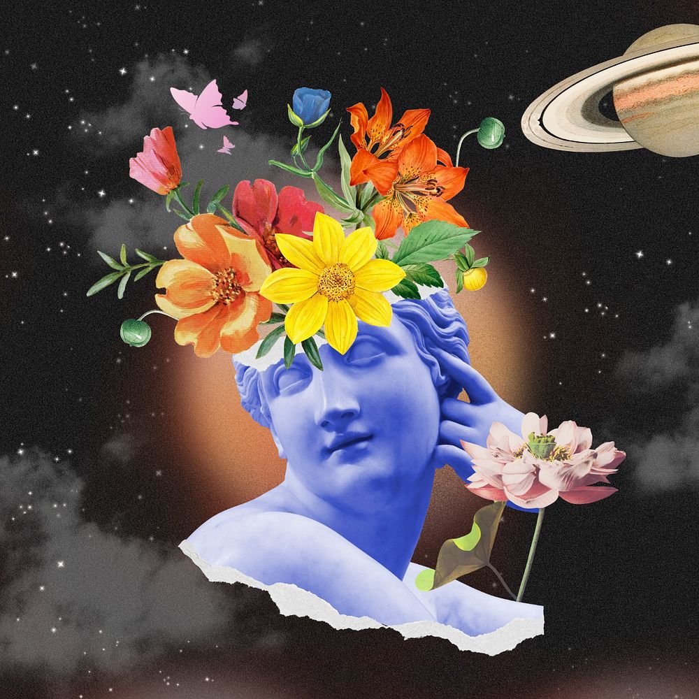 Floral statue head, outer space surreal remix, editable design