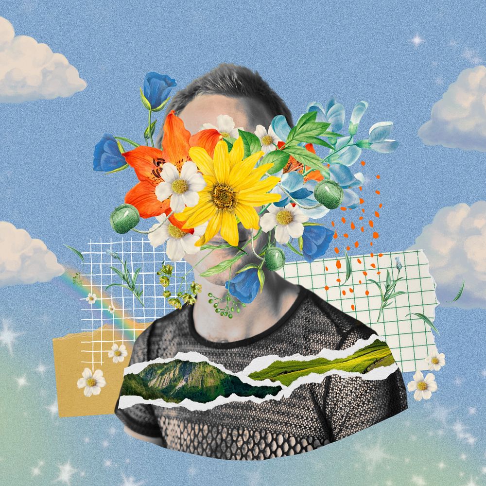 Flower face man collage element, sky mixed media illustration, editable design