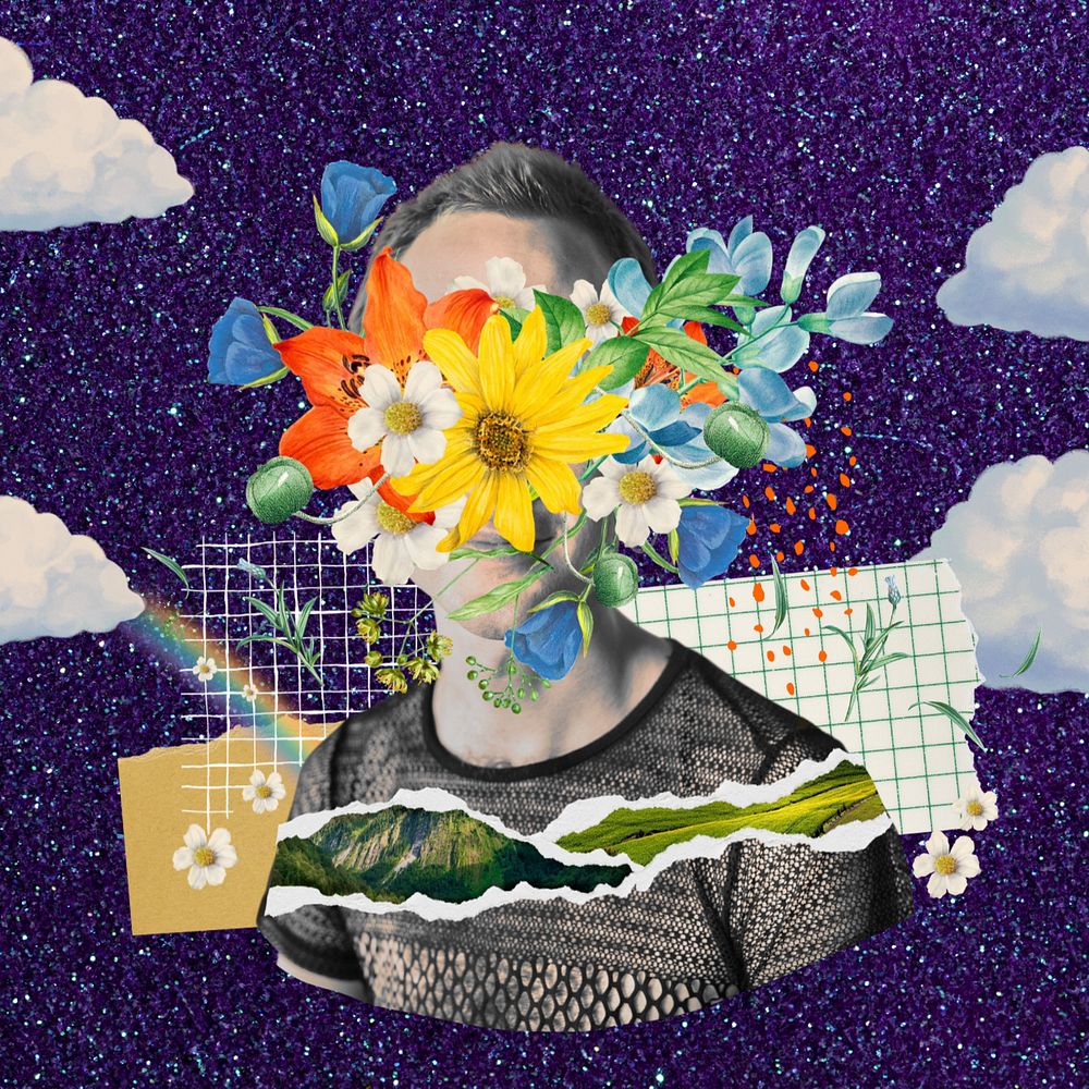 Flower face man, starry sky surreal remix, editable design