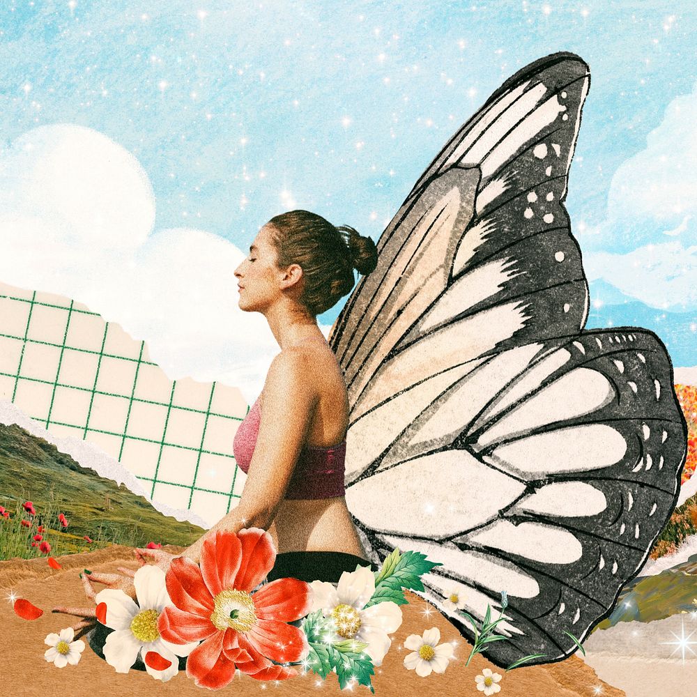 Surreal butterfly-winged woman, aesthetic floral remix, editable design