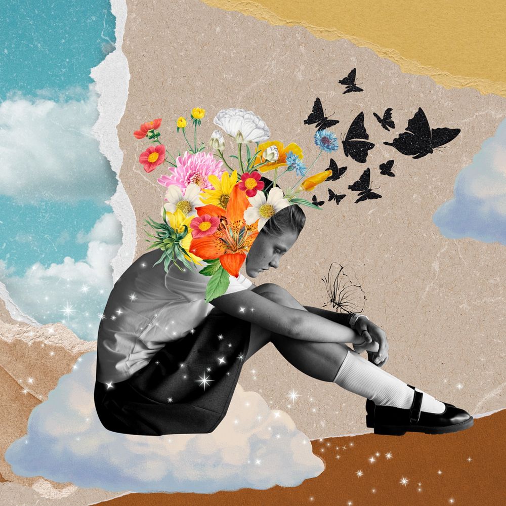 Student's mental health, surreal collage art, editable design