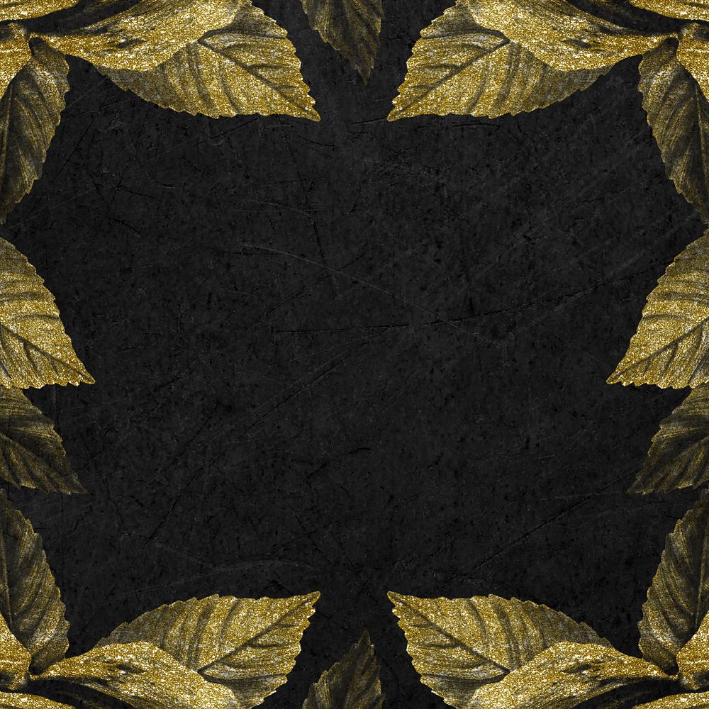 Gold leaf border background, black textured, editable design