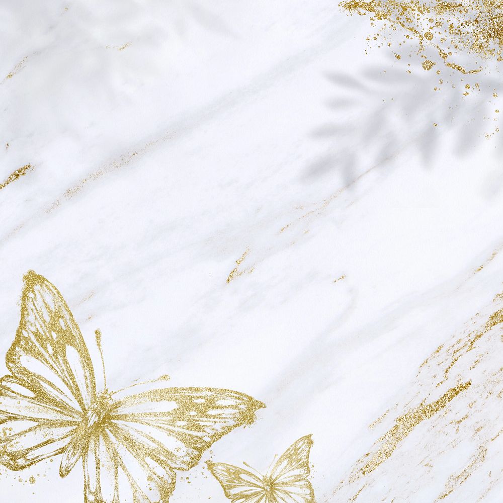 Gold butterfly border background, white marble, editable design