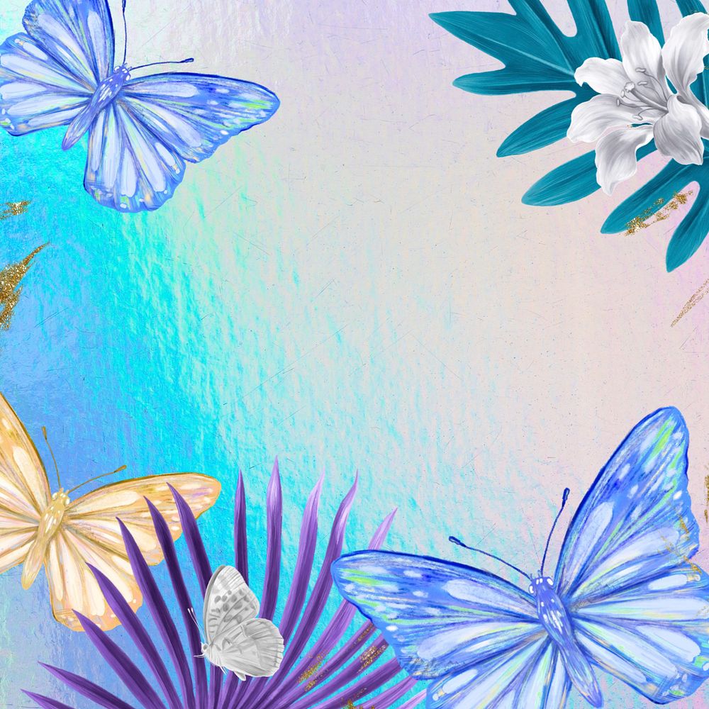 Holographic tropical butterfly background, editable design