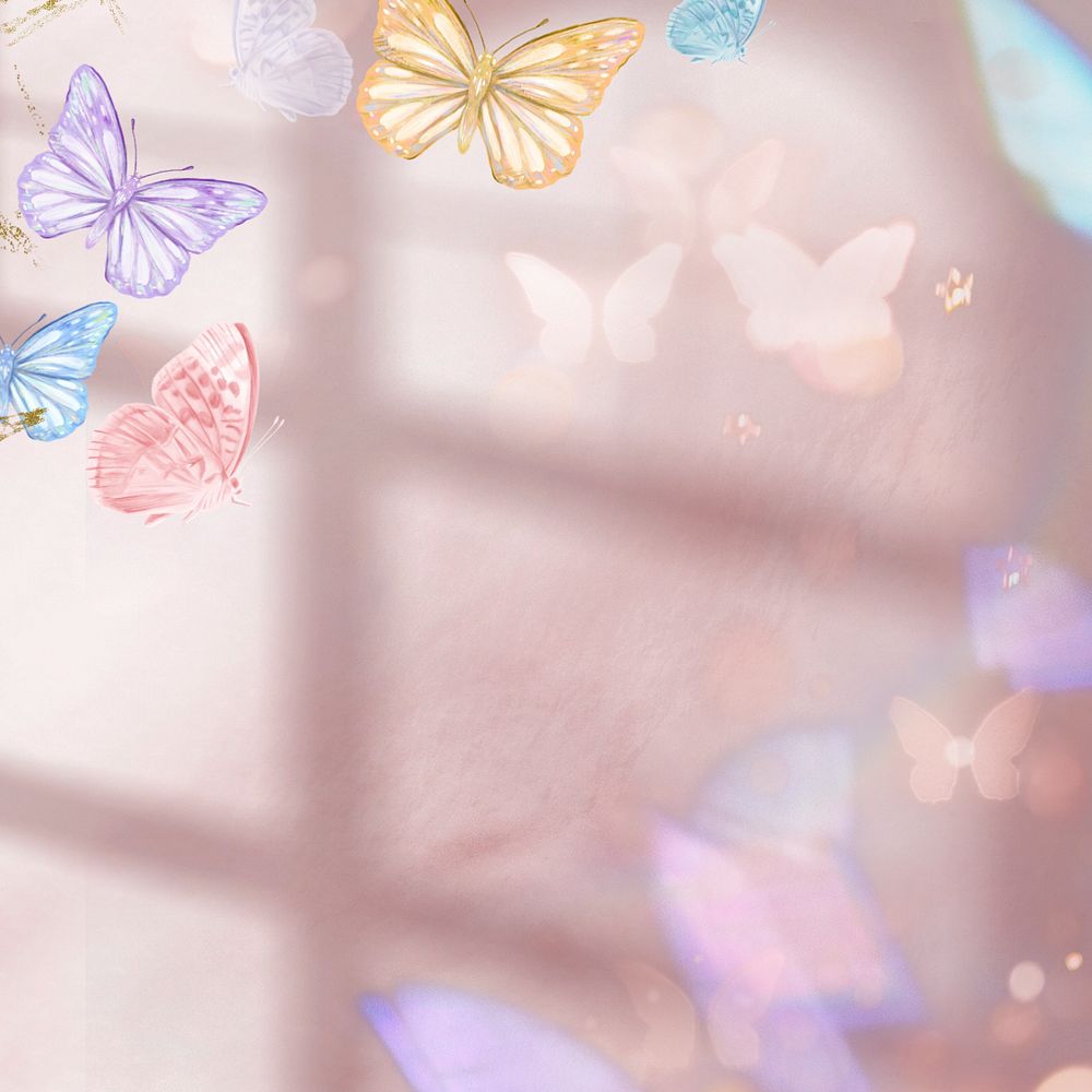 Dreamy butterfly pastel background, window shadow, editable design