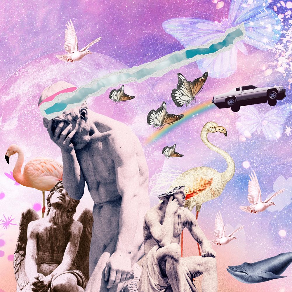 Surreal depressed Greek God, flying whale remix, editable design