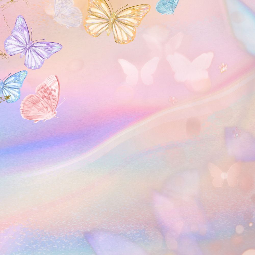 Dreamy butterfly pastel background, colorful holographic, editable design