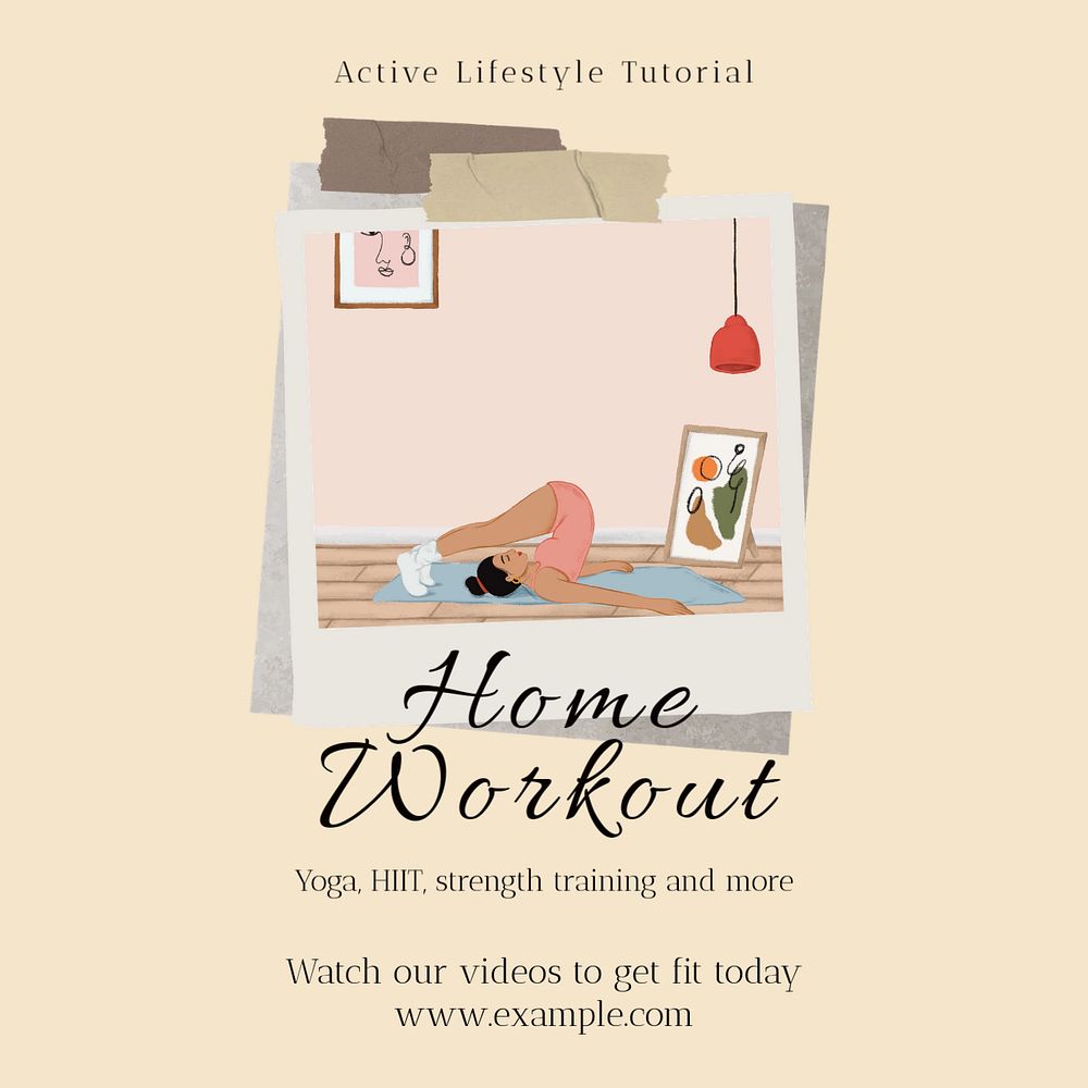 Home workout videos Facebook post template, editable social media ad