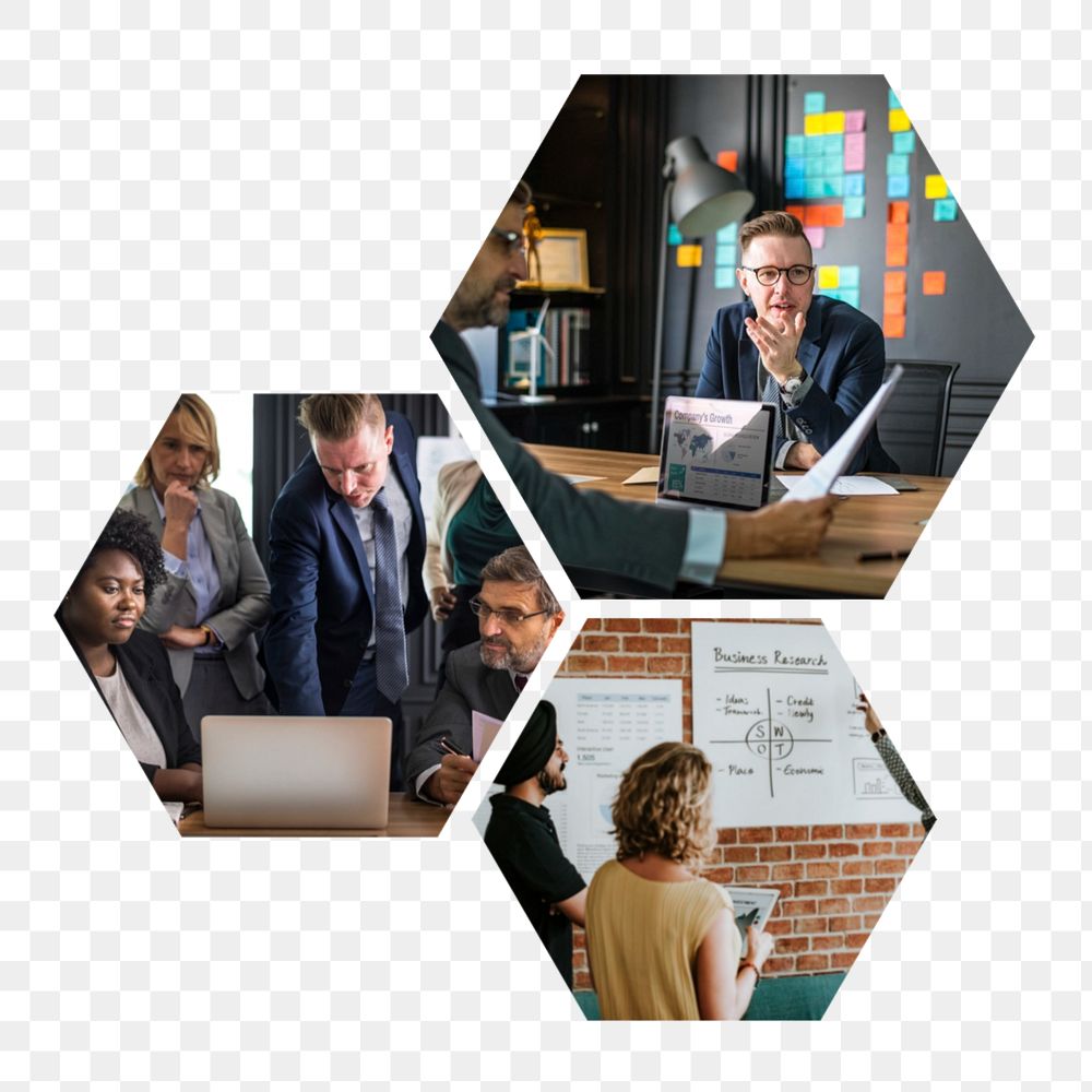 Business meeting png hexagonal  sticker, transparent background