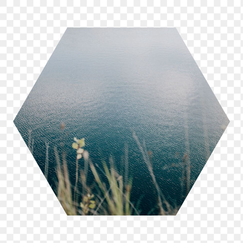 Beautiful lake  png hexagonal  sticker, transparent background