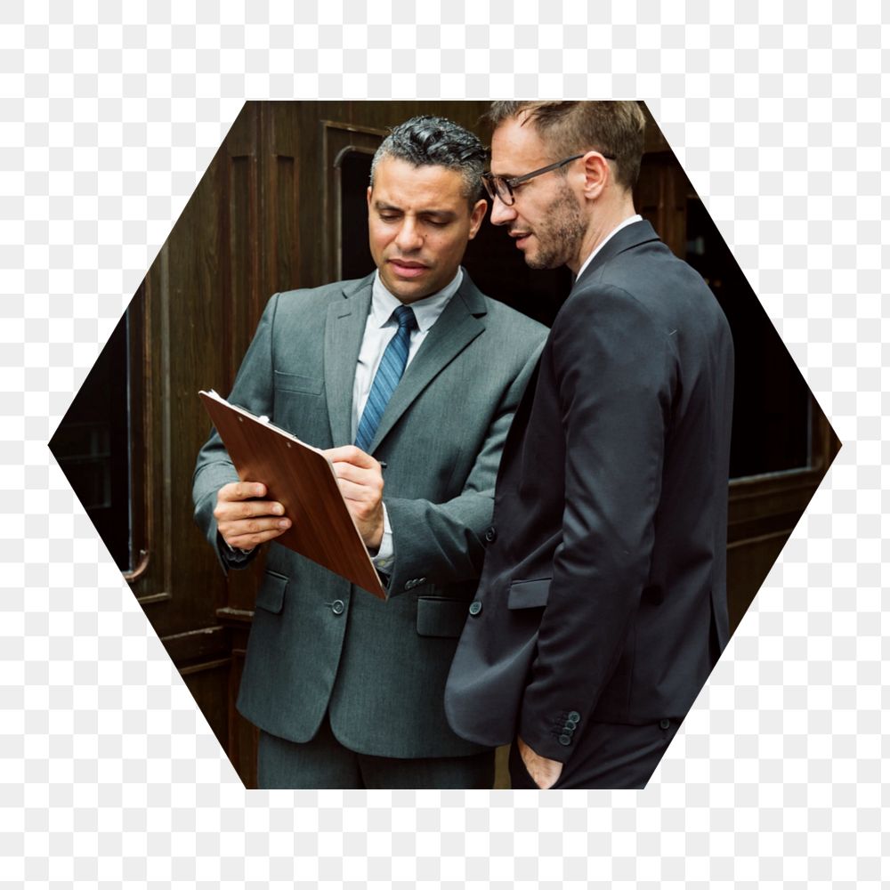 Businessmen discussion  png hexagonal  sticker, transparent background