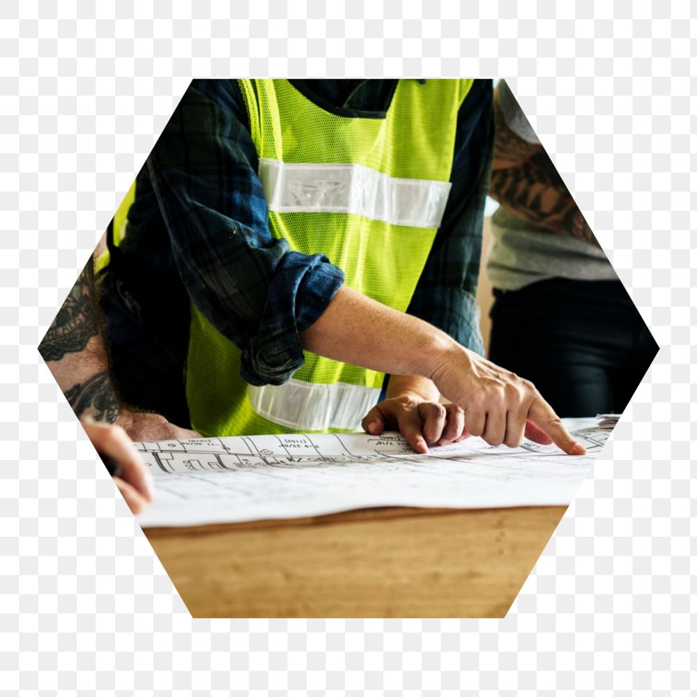 Png construction team meeting hexagonal  sticker, transparent background