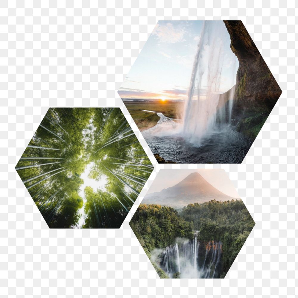 Pretty waterfalls  png hexagonal  sticker, transparent background