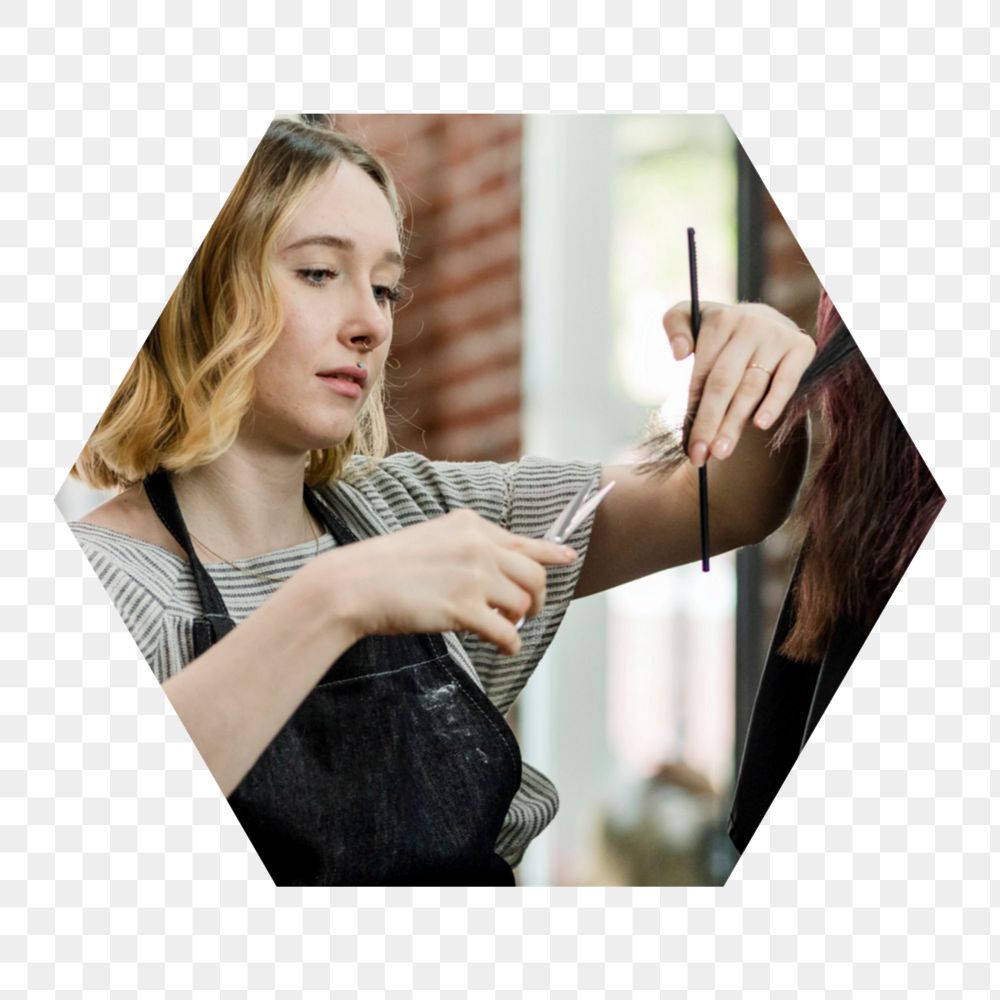 Png hairdresser trimming hair hexagonal  sticker, transparent background