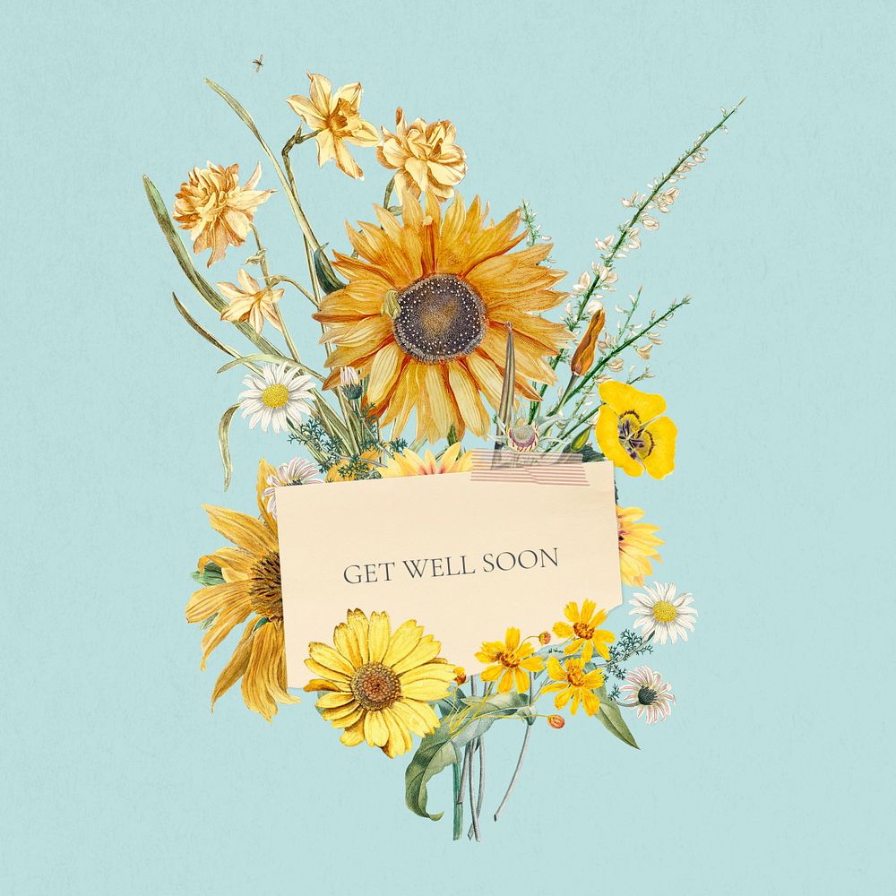 Get well soon greeting, aesthetic flower bouquet collage art, editable design