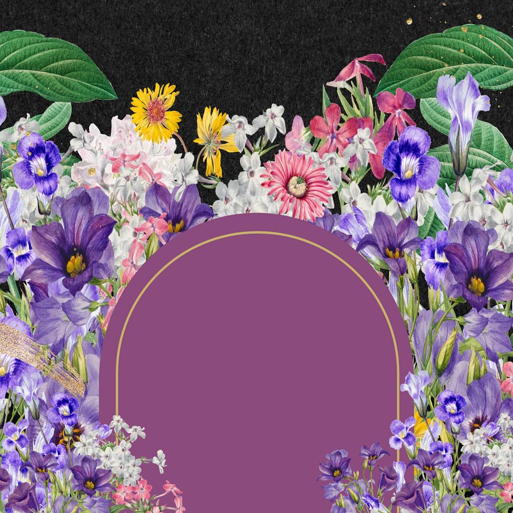 Purple flower field frame, arch shape, editable design