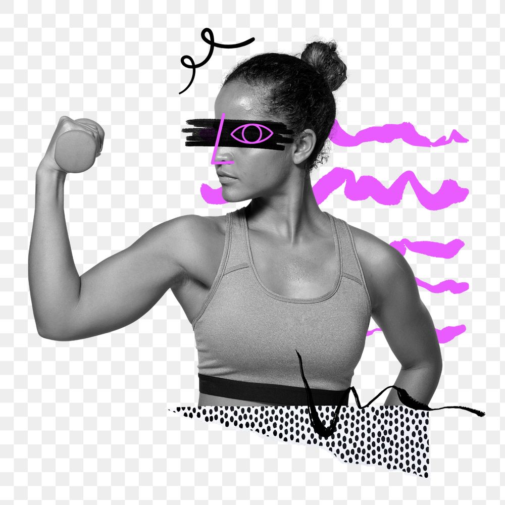 Strong & fit woman, fitness funky png element group, editable design