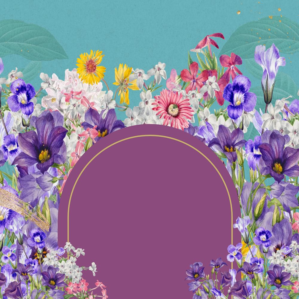 Purple flower field frame, arch shape, editable design