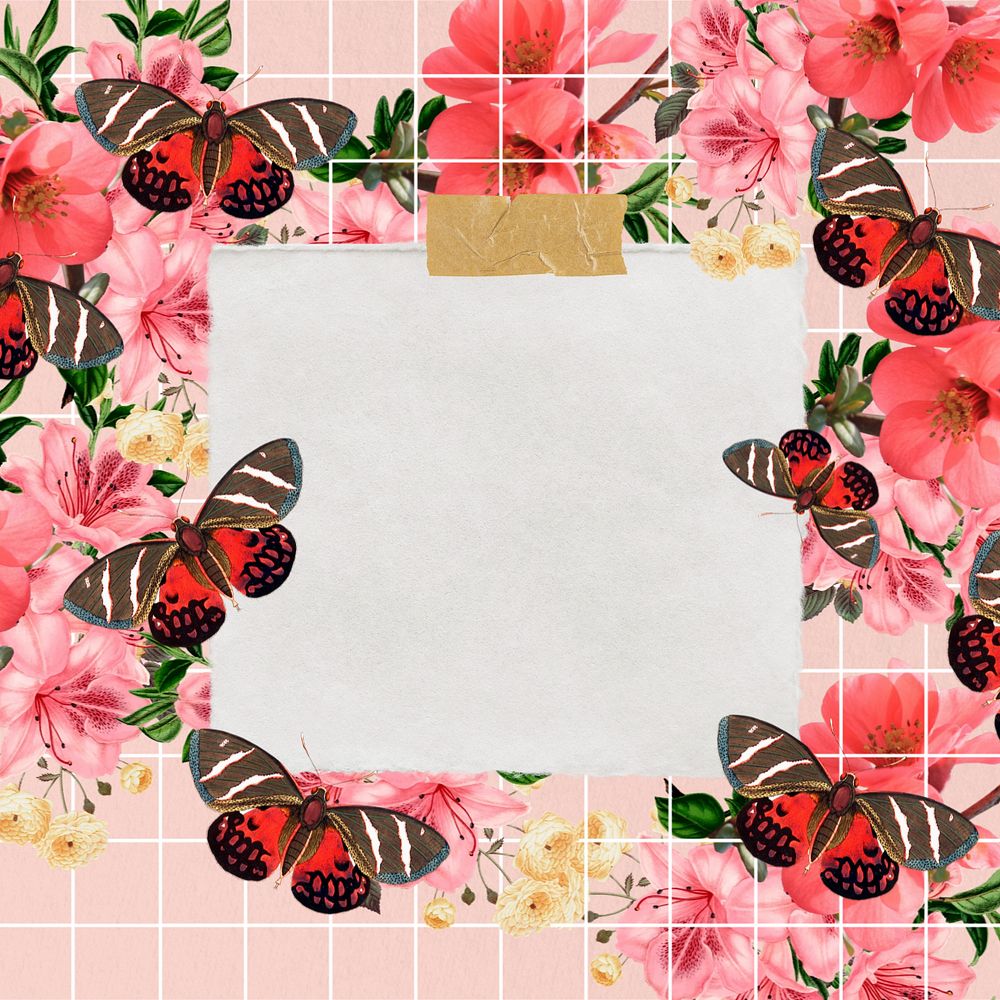 Pink butterfly frame, note paper collage, editable design