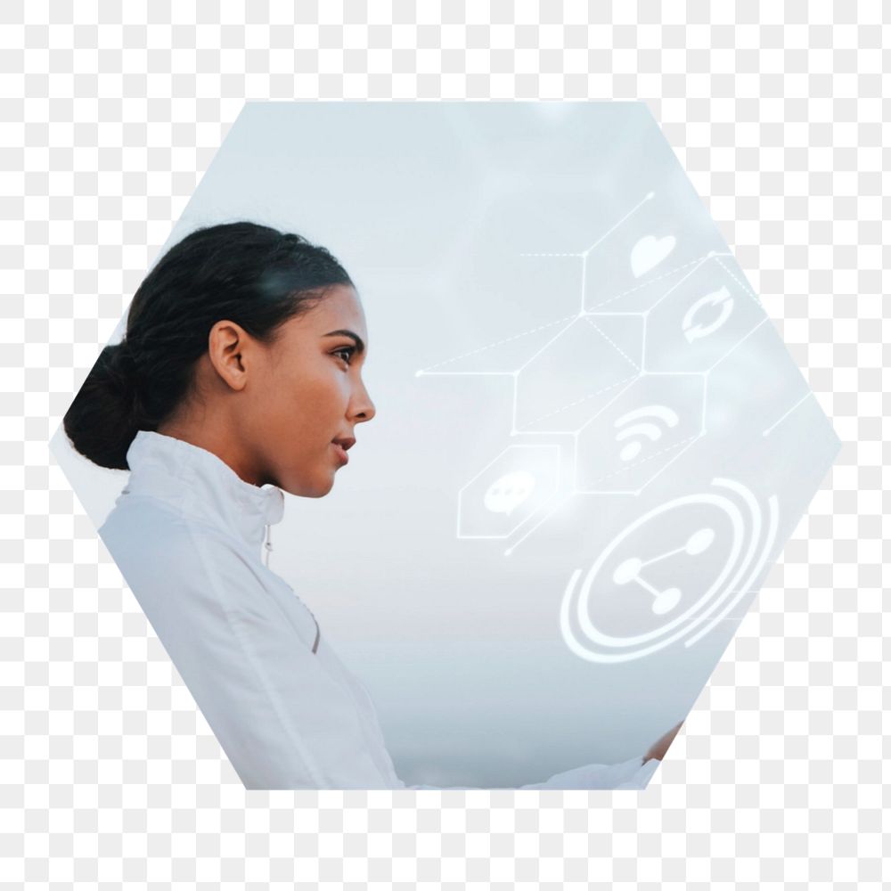 Png lady using wireless network hexagonal  sticker, transparent background