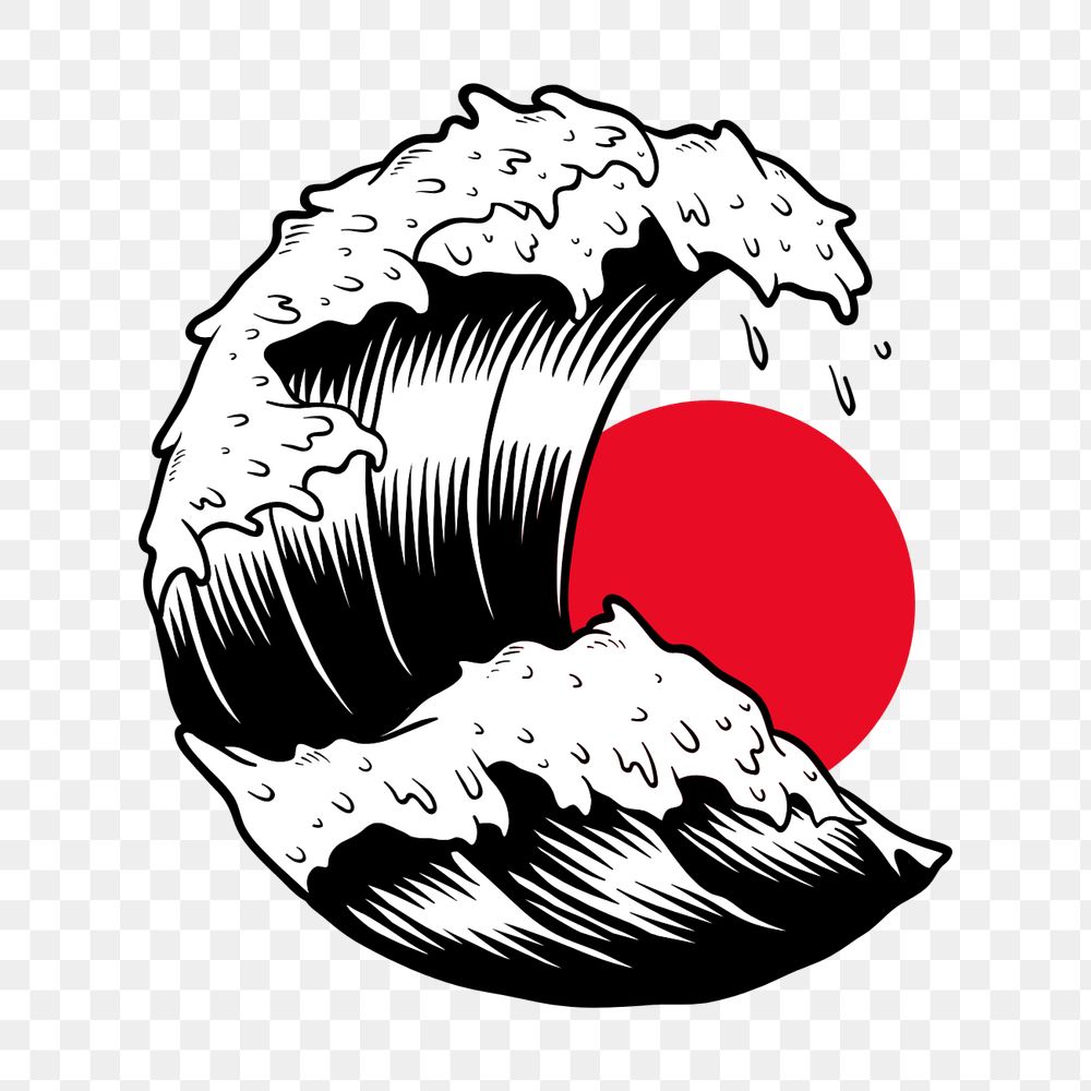 Japanese wave png element, black & white illustration, editable design