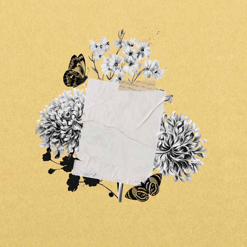 Note paper frame, flower bouquet collage, editable design