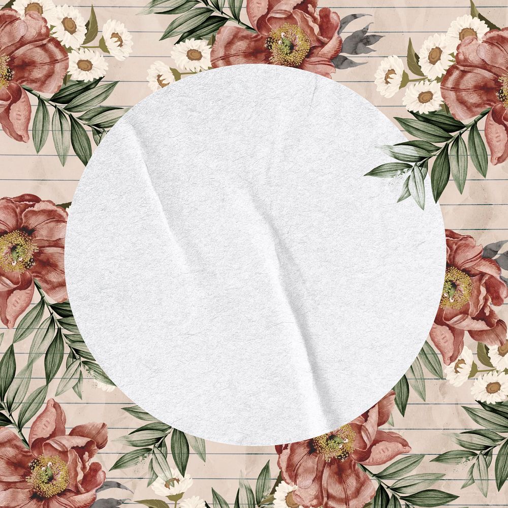 Circle paper frame, pink vintage flower collage, editable design